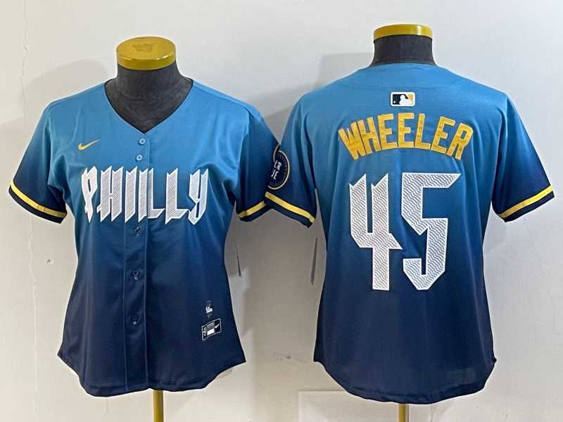 Women's Philadelphia Phillies #45 Zack Wheeler Blue 2024 City Cool Base Stitched Jersey,We sell and wholesale Women's Philadelphia Phillies #45 Zack Wheeler Blue 2024 City Cool Base Stitched Jersey on line form chian!